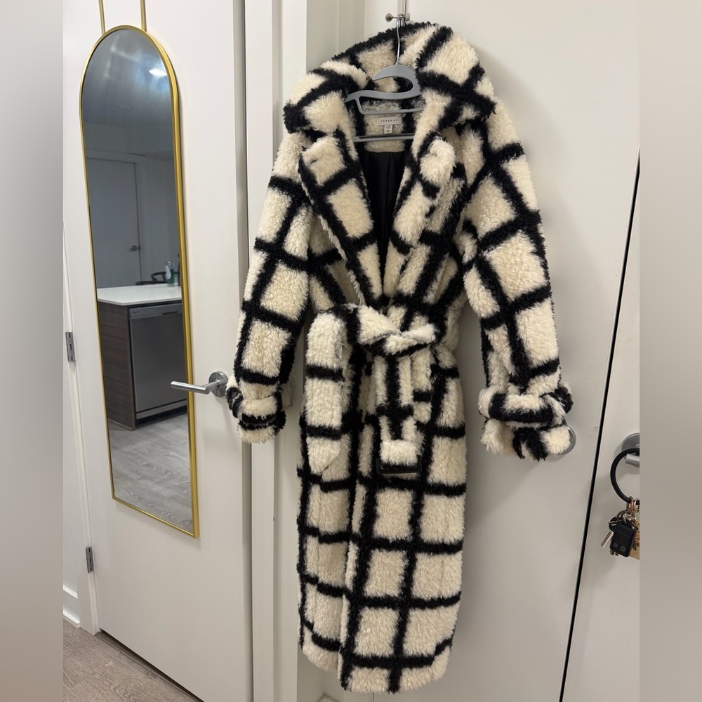 Topshop mono check longline teddy coat